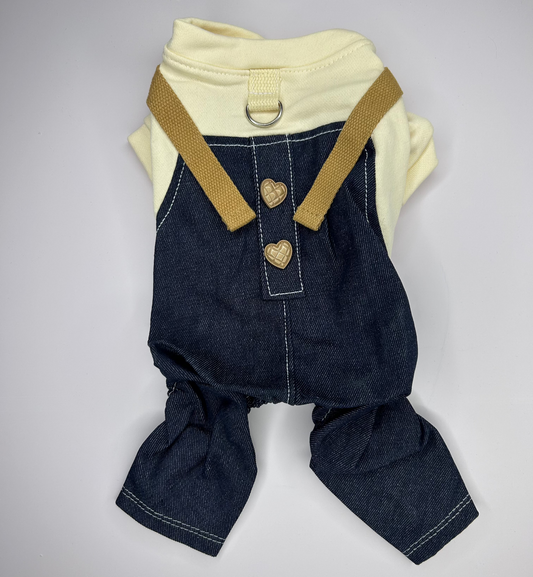 PUP IN DENIM OVERALLS
